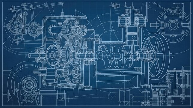 Mechanical engine cross section with gears, crankshaft and technical components. Industrial engineering blueprint showing machine design, manufacturing, construction and mechanical innovation.