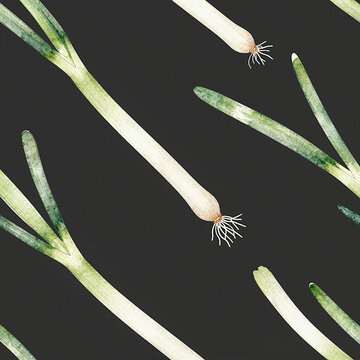 Japanese Long Onion Negi Laid at a Slant on Charcoal Black Large Scale Repeat
