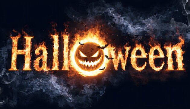 Fiery Halloween Text with Glowing Pumpkin and Smoke Banner