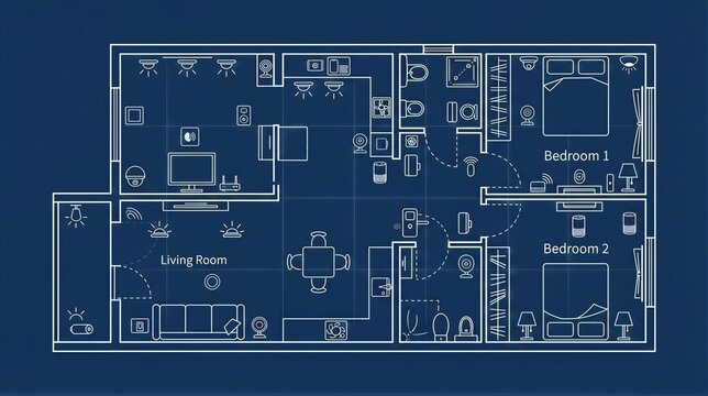 Smart home floor plan showing connected rooms, furniture, lighting, security cameras, sensors, and automated devices. Residential architecture blueprint and interior design technology concept.