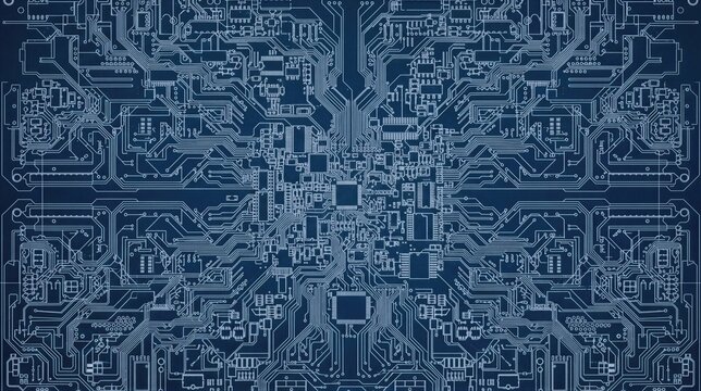 Detailed electronic circuit board blueprint with microchip, conductive traces, and component layout. Technology engineering diagram for hardware design, computing, and digital innovation.