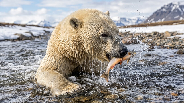Polar bear fishing in shallow Arctic stream with fish in mouth. Large white predator Ursus maritimus catches prey amid splashing frozen water. Polar bear fishing action for wild nature documentary.
