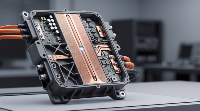 EV battery management system BMS power module 3D illustration with copy space