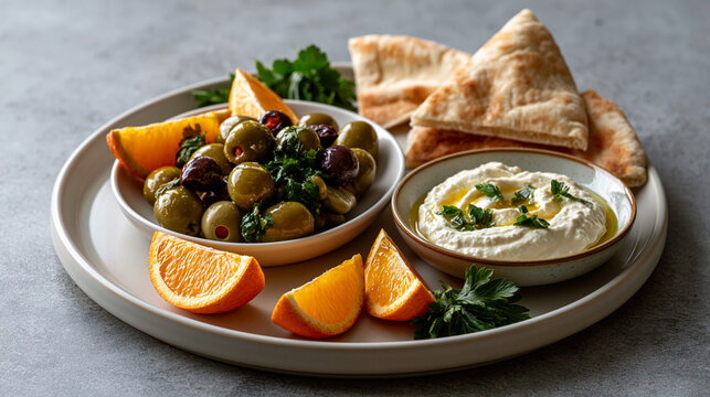 Refined Eastern Mediterranean mezze plate with marinated olives citrus creamy dip herbs and bread showcasing quiet luxury dining