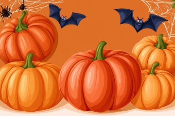 Fototapeta premium Halloween pumpkins with bats and spiderwebs in decorative corner frame design