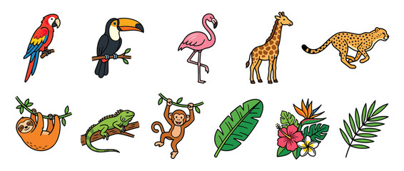 Obraz premium Cute cartoon jungle animals and tropical plants isolated