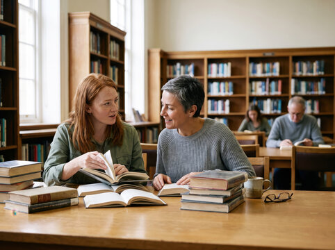 Two women study together in a library while other people read books at tables in the background