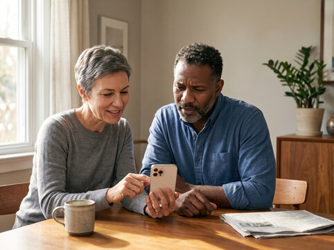 Couple shares a moment while looking at a smartphone at home in a bright room