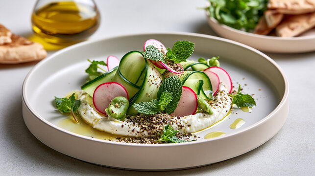 Creamy labneh with zaatar olive oil cucumber ribbons radish and mint showcasing Eastern Mediterranean quiet luxury wellness dining