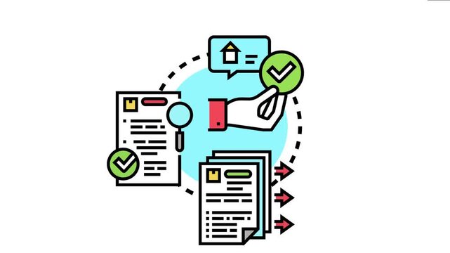 Hand holding a checkmark icon while processing documents from application to approval and acceptance, symbolizing successful transaction or decision