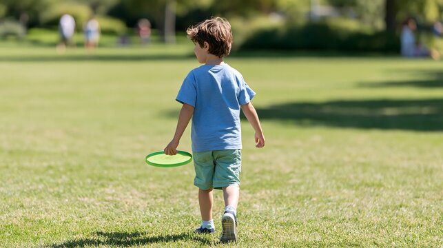Back View of Child Walking with Green Flying Disc in Park