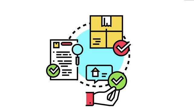 Process icon approval awaiting status. Featuring a document with a magnifying glass. A package. A speech bubble with a house. And a hand holding a checkmark