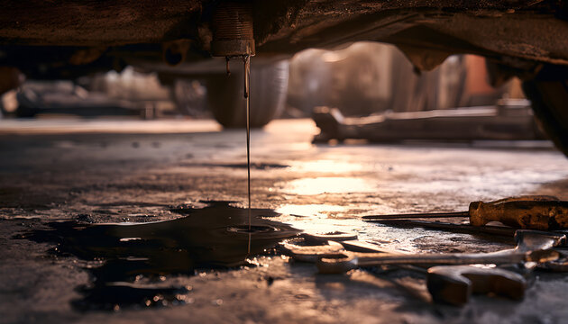 Mechanic drains old dark motor oil from vehicle engine undercarriage in pro auto garage. Used lubricant flows into puddle on concrete floor. Metal wrenches screwdrivers tools lay nearby. Car service
