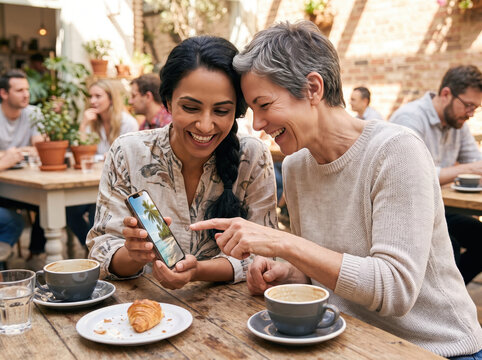Friends share a moment while looking at a smartphone in a cafe during the day
