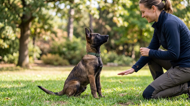 Young Belgian malinois puppy learning to sit on green grass in sunny park. Attentive malinois puppy looking at owner during obedience training outdoors. Young malinois puppy for dog training school.