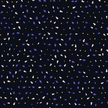 Detailed cosmic pattern with tiny rockets and planets