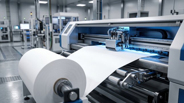 Large roll of white paper feeding into an industrial printing machine with blue light, showing rollers and print head inside a modern factory, shallow depth of field