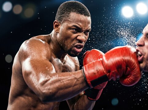 Intense close-up of two male boxers in a ring; muscular athlete in red gloves throws a punch, sweat spraying as it lands on opponent&rsquo;s face, dramatic lighting