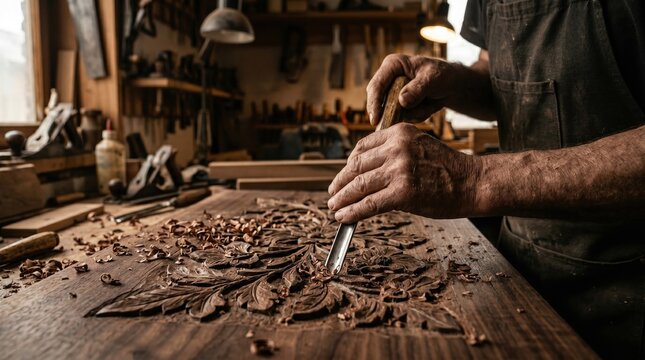 Close-up of a craftsman carving an ornate wood panel with a chisel, hands covered in sawdust; wood shavings scatter across a workbench in a workshop