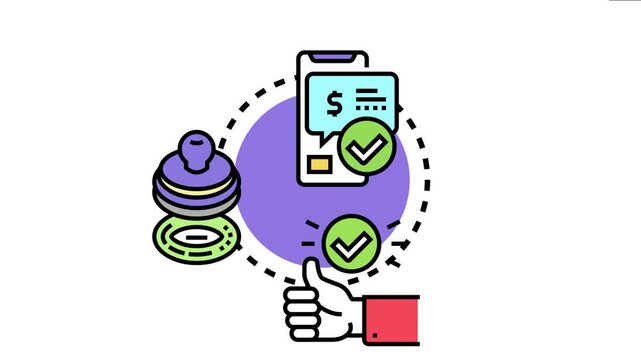 Financial approval process confirming a successful transaction through mobile banking platform, electronic stamp, and a positive hand gesture, signifying agreement and successful completion