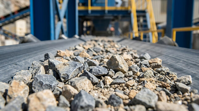 Industrial Conveyor Belt Carrying Crushed Stone And Gravel In Mining Quarry Processing Plant