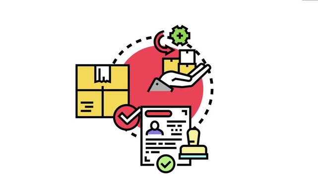Business process icon illustrates final confirmation and delivery, confirming a package shipment, document, and stamp with green check marks after a series of successful steps