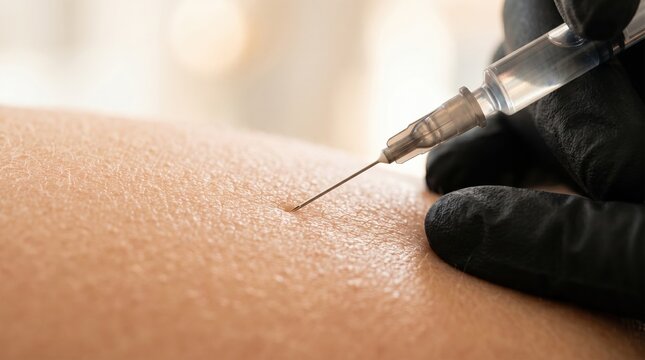 Close-up of a gloved hand holding a syringe, needle touching bare skin with visible pores, suggesting a medical injection or vaccination; soft focused clinical lighting