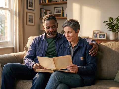 Couple sits on a sofa looking at a book together during afternoon light in their cozy living room
