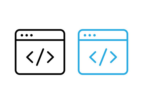 Web development code bracket icon set in black and blue outline style for programming and software engineering
