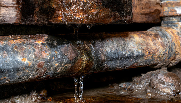 Leaking rusted cast iron sewer pipe drips water into wet mud inside dark crawlspace. Old corroded plumbing infrastructure breaks causing sewage flood damage under residential house basement. Damp
