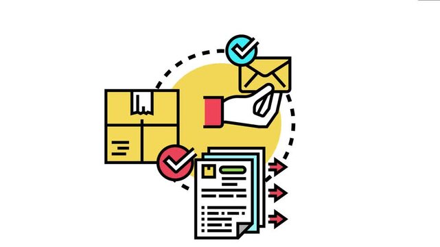 Icon presenting an approved document, a confirmed package, and an email notification, signifying successful authorization and processing of a request or business delivery