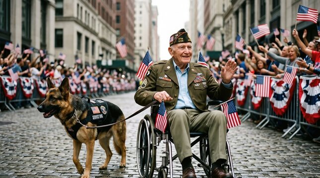 Smiling elderly veteran in wheelchair waves small flags during parade; service dog in vest walks beside. Crowd behind barriers holds flags and bunting; street lined with tall buildings