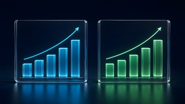 Glowing glass bar charts comparing blue and green financial growth metrics on dark background