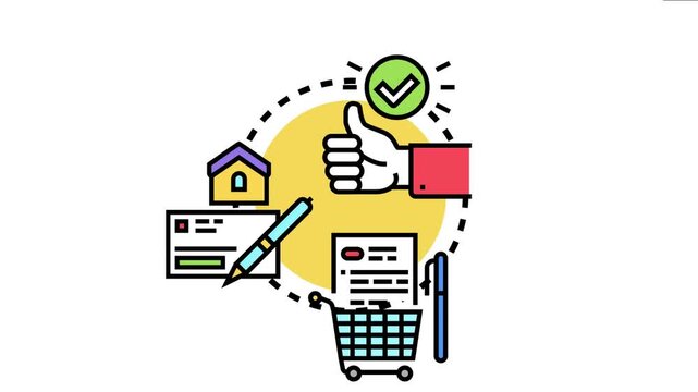 Hand giving a thumbs up with a checkmark signifying approval, surrounding a property, financial documents, and a shopping cart agreement, purchase, or contract execution