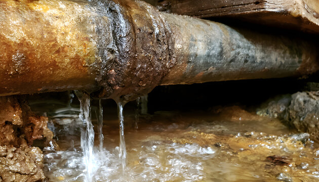 Leaking rusted cast iron sewer pipe drips water into wet mud inside dark crawlspace. Old corroded plumbing infrastructure breaks causing sewage flood damage under residential house basement. Damp