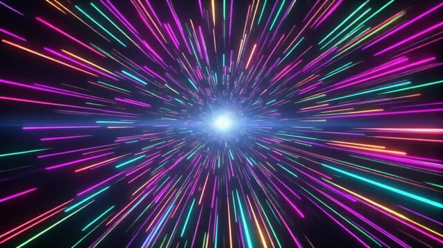 Futuristic energy burst with vibrant light trails rushing past camera, creating dynamic data flow, digital motion, technological advancement, and high-energy seamless abstract animation.