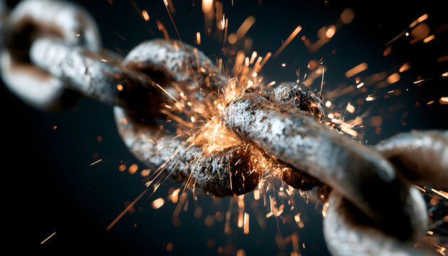 Close-up of a strong metal chain breaking under immense pressure, with sparks flying