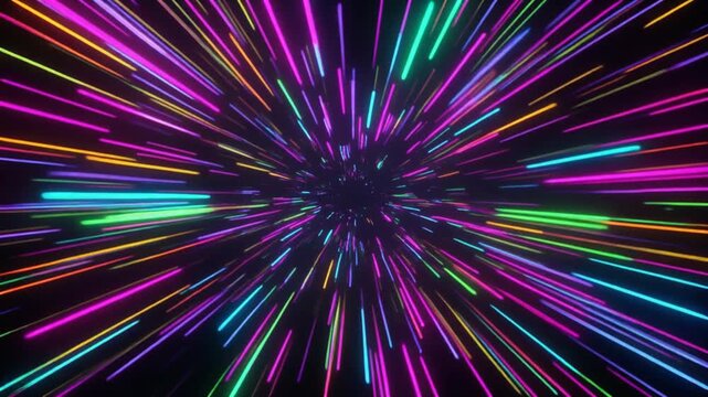 Futuristic energy burst with vibrant light trails rushing past camera, creating dynamic data flow, digital motion, technological advancement, and high-energy seamless abstract animation.