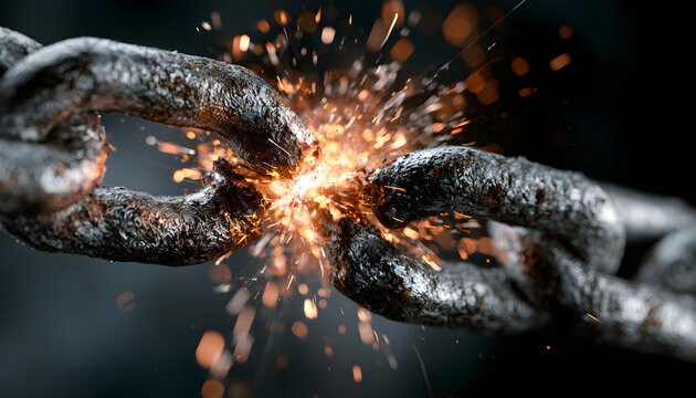 Close-up of a strong metal chain breaking under immense pressure, with sparks flying