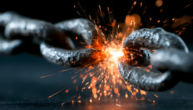 Close-up of a strong metal chain breaking under immense pressure, with sparks flying
