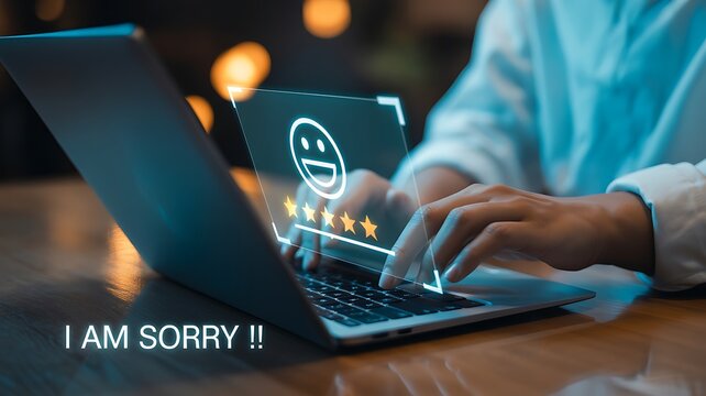 Person using laptop with negative customer review and apology message, customer service, online feedback, complaint and reputation management concept