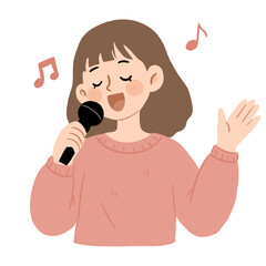 Cute girl singing with microphone and music notes illustration isolated on black background