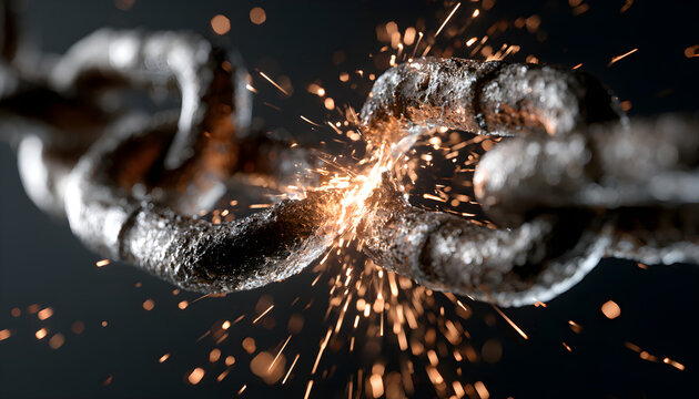 Close-up of a strong metal chain breaking under immense pressure, with sparks flying