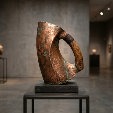 Hammered copper vessel sculpture with curved wood handle