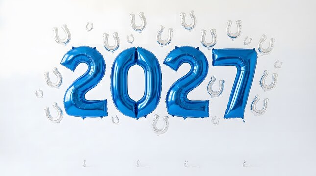Beautiful shiny blue foil number balloons clearly showing the year two thousand twenty seven on a simple clean white backdrop creating a celebratory