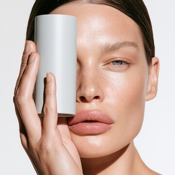 Woman holding minimalist cosmetic product bottle for skincare