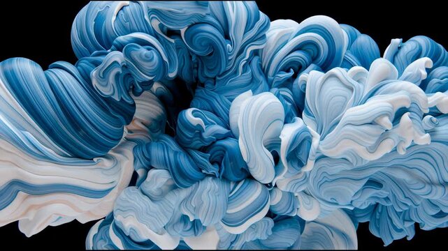 Paint billows and swirls in deep blue water, forming beautiful cloud-like shapes. This happens in a clear container on a simple black background.