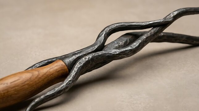Handcrafted forged iron tool with wooden handle