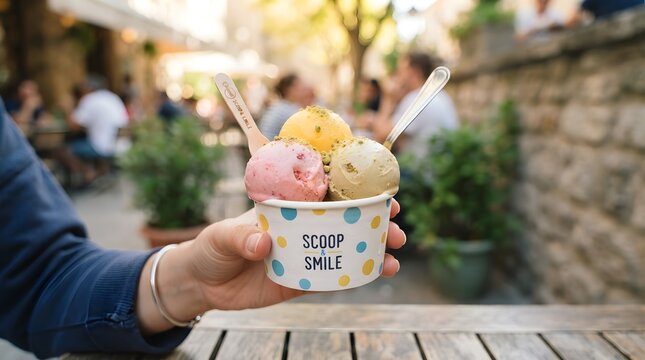 Scoops of Ice Cream in a Paper Cup. Delicious Frozen Dessert Serving, Sweet Summer Treat, Gelato, Creamy Cold Snack and Takeaway Ice Cream