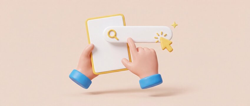 3D cartoon hands using a search bar on a digital tablet screen